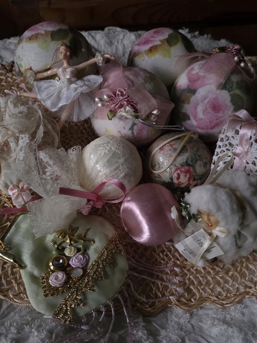 12 Pc Lot Vintage Hand Crafted Romantic Feminine Holiday Ornament